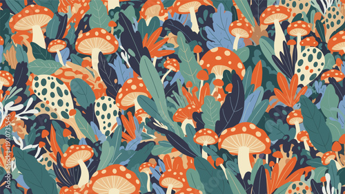 Lush forest floor illustration shows a variety of mushrooms with red caps and green leaves in a dense organic pattern.