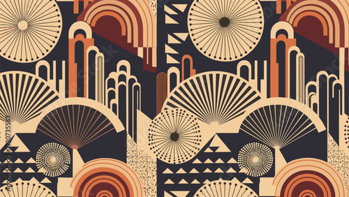 Art deco inspired abstract pattern uses fan shapes and arches in earthy brown and cream tones for a sophisticated classic look.