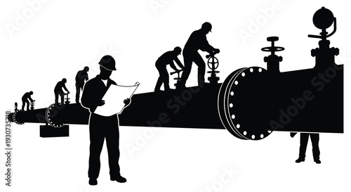 Workers inspecting and maintaining large industrial pipeline infrastructure with detailed equipment depicted in black silhouette high quality professional modern elegant stylish