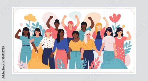 Diverse Group of Women Standing Together in Solidarity with Raised Fists and Flowers