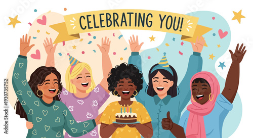 Diverse Group of Happy Women Celebrating Birthday with Cake and Confetti