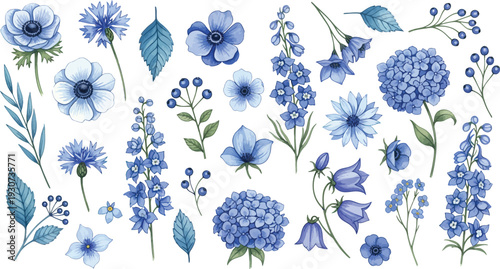 Blue flowers and foliage arranged in a decorative pattern on white background