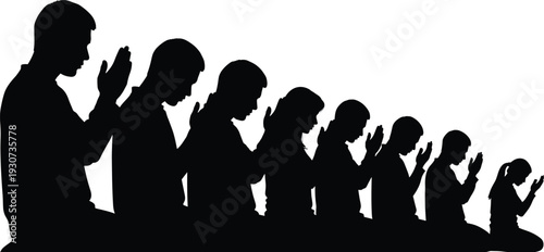 Group of praying people silhouette isolated on white background, men women and child kneeling in worship, faith spirituality concept illustration