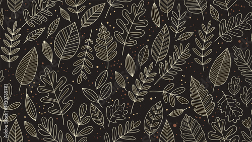 Detailed leaf pattern with various species like oak and fern is drawn in white and gold lines on a dark black background.