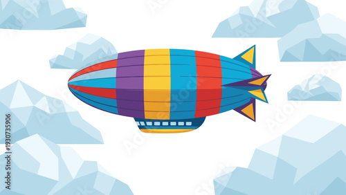 Colorful striped airship or blimp flies among white geometric clouds in a bright blue sky for a sense of travel and adventure.