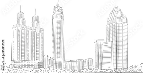 Modern city skyline outline vector illustration, urban skyscraper buildings and business district architecture panorama isolated on white background