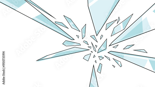 Sharp shards of glass explode from a central point against a white background creating a dramatic sense of impact and motion.