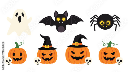 Fun Halloween set features ghosts bats spiders and jack o lantern pumpkins with skulls for a spooky and festive celebration.