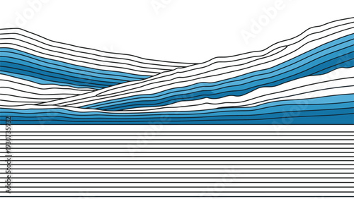 Abstract landscape with blue hills and parallel lines creates a tranquil scene of mountains reflecting on a calm lake.
