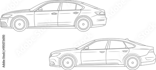 Modern sedan car vector set, side view passenger automobile line art illustration, detailed family vehicle outline for automotive design