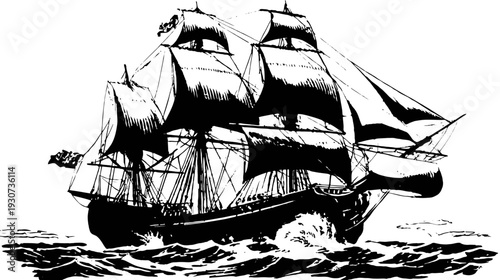 A black and white illustration of a sailing ship navigating rough waters