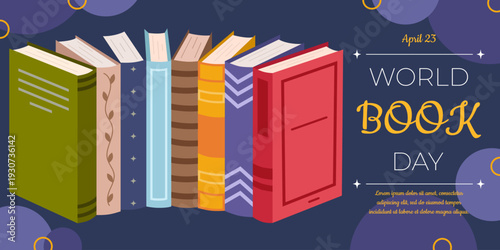 Banner for World Book Day celebration. Reading concept, education and knowledge theme, literature holiday illustration. Modern poster template for libraries, schools, book festivals, education events.