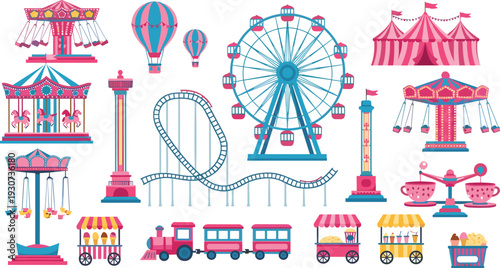 Colorful Amusement Park Vector Set with Ferris Wheel, Roller Coaster, Carousel, Circus Tent, Food Carts, and Carnival Ride Illustrations