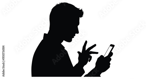 A dark silhouette of a man using a smartphone making a peace sign with his other hand silhouette high quality professional