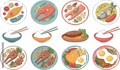 Collection of Traditional Asian Food Dishes Featuring Fish, Chicken, Rice, Eggs and Meat Vector Illustrations