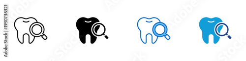 Dental Checkup Multiple Style Icon Design Vector - Tooth with magnifying glass representing dental examination, cavity detection, and oral hygiene care