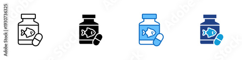 Fish Oil Supplement Multiple Style Icon Design Vector - Supplement bottle with fish and capsule representing omega oil intake, dietary support, and heart health