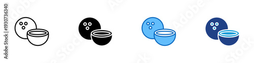 Coconut Multiple Style Icon Design Vector - Coconut whole and half representing tropical fruit, natural oil source, and dairy alternative