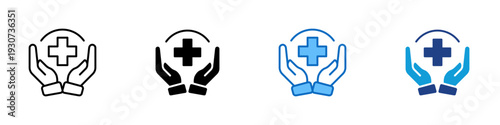 Health Protection Multiple Style Icon Design Vector - Hands holding cross representing medical insurance, patient support, and healthcare protection