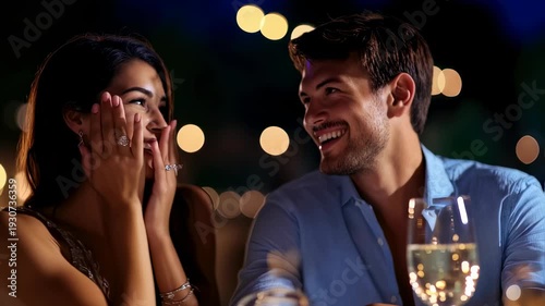 Slow tracking shot of couple laughing and flirting at outdoor restaurant terrace with bokeh lights at night