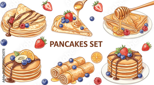 Illustrated gourmet pancake and crepe set featuring delicious breakfast stacks with fresh berries honey chocolate syrup orange slices and blueberries for cafe menu design.