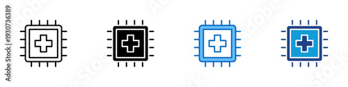 Medical Chip Multiple Style Icon Design Vector - Microchip with cross representing digital healthcare technology, medical device integration, and health data processing