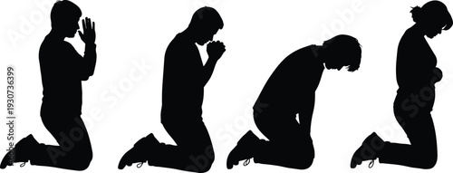 Praying people silhouette collection isolated on white background, men and pregnant woman kneeling in prayer, faith spirituality and devotion concept