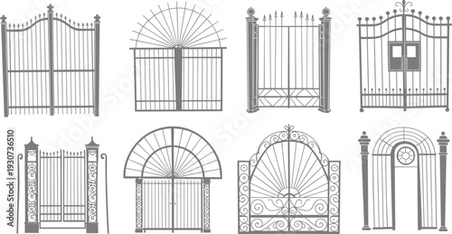 Ornamental wrought iron gate vector set, vintage metal fence entrance collection with decorative arch and classic railing designs isolated
