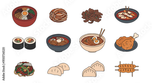 Korean Food Illustration Set, Traditional Korean Cuisine Icons, Bibimbap, Kimchi, Tteokbokki, Kimbap, Bulgogi, Ramen, Fried Chicken, Mandu Dumplings and Japchae Vector Illustration Isolated on White B