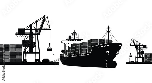 A stark black silhouette depicts a cargo ship alongside cranes and containers at a bustling port silhouette high quality professional detailed