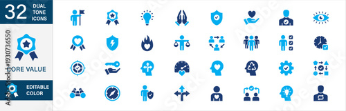 Core value icon set in dual tone blue color design. Personal core value icons. Contains icon of integrity, trust, responsibility, transparency, commitment, excellent, innovation, respect, discipline.