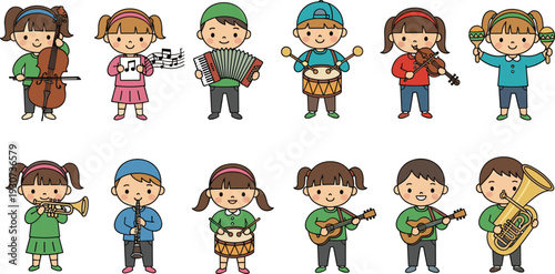 Cute Kids Playing Musical Instruments Cartoon Character Set for School Band Orchestra Music Education and Children Performance Design.