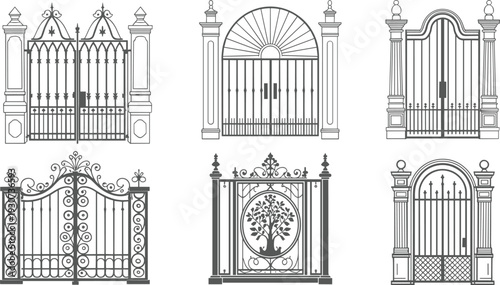 Ornate wrought iron gate outline vector set, decorative vintage metal fence entrance collection with classic pillars isolated on white