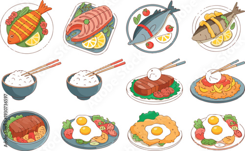Collection of Traditional Asian Food Dishes Featuring Fish, Chicken, Rice, Eggs and Meat Vector Illustrations