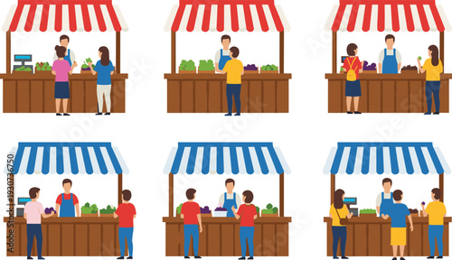 Farmers market vegetable stalls illustration set, local organic food vendors and customers shopping at outdoor street market scene