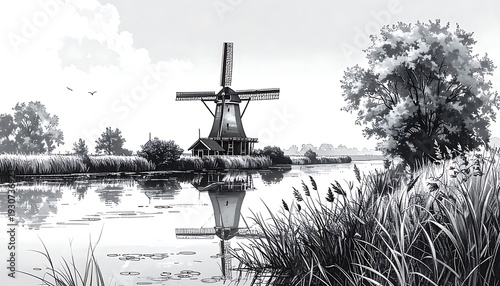 Peaceful grayscale view of a windmill reflected on a calm river, surrounded by lush greenery