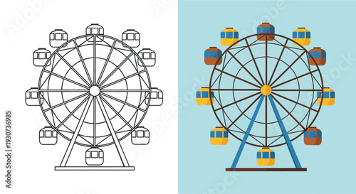 Colorful ferris wheel contrasted with its black outline silhouette