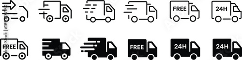 Delivery truck icon set featuring fast shipping, free delivery, and twenty four hour service symbols for logistics, transport, and ecommerce business.