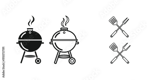 Barbecue grills and utensils depicted in a simple black silhouette