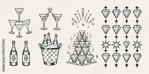 Celebratory illustrations featuring champagne cocktails and sparkling diamond motifs