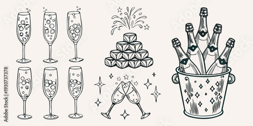 Celebratory hand drawn sketch featuring champagne glasses and a dessert tower