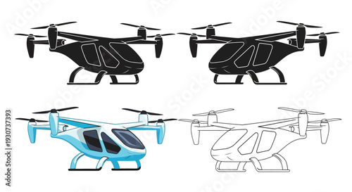 Four depictions of futuristic flying vehicles including a dark silhouette