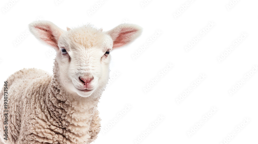 Fototapeta premium Adorable white baby lamb portrait isolated on white background, perfect for farm animals and nature lifestyle themes.