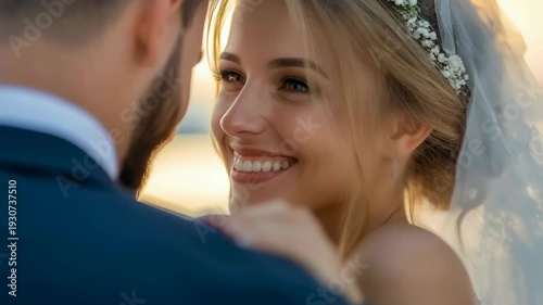 Slow motion close up tracking shot of bride smiling at groom during waterfront wedding ceremony at sunset