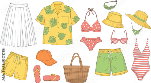 Hand drawn summer beach apparel collection featuring tropical shirts swimsuits bikinis sun hats sunglasses flip flops and accessories for vacation and travel concepts.