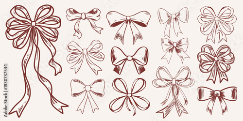 Collection of vintage style hand drawn bows and ribbons in sepia tones