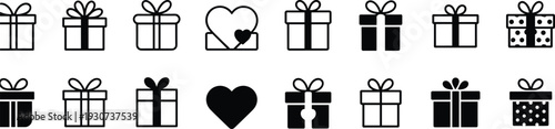 Gift box icon set featuring various present designs, heart shapes, ribbons, and surprise packages for Christmas, Valentine's Day, and birthday celebrations.