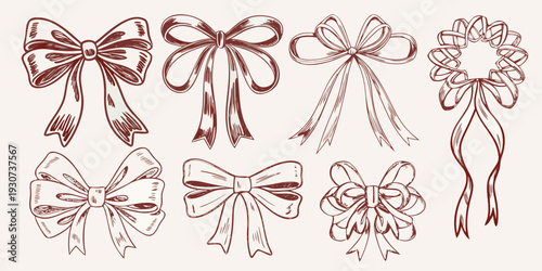 A collection of hand drawn bows in a vintage sketched style