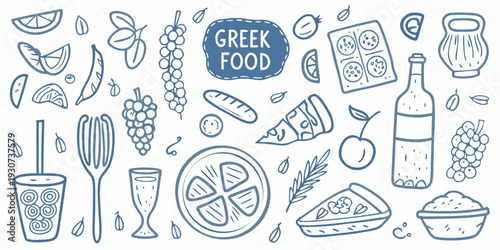 Doodle illustration of greek food including olives grapes and pastries