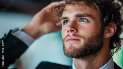 Slow motion tracking shot of young man adjusting hair and gazing upward in modern interior office close up portrait